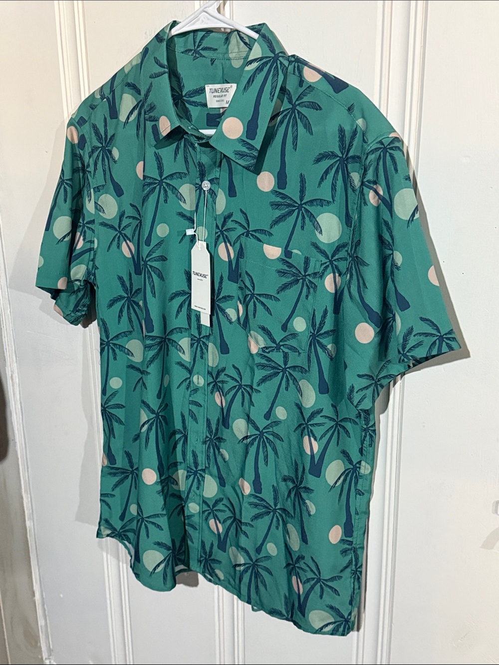 Green Palm-Print Short-Sleeve Button-Down Shirt